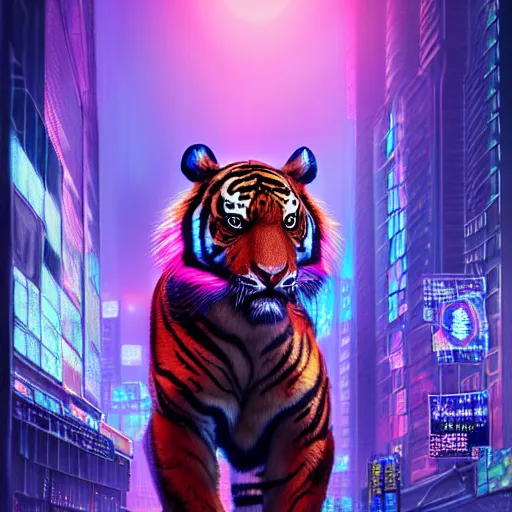 Image similar to a beautfiul award winning commission portrait of an anthro tiger in the neon cyberpunk city at night,wearing a leather jacket,glow effect,detailed face,photorealistic,character design by charles bowater,ross tran,deviantart,artstation,digital art,hyperdetailed,realistoc,western comic style,vfx,dramatic