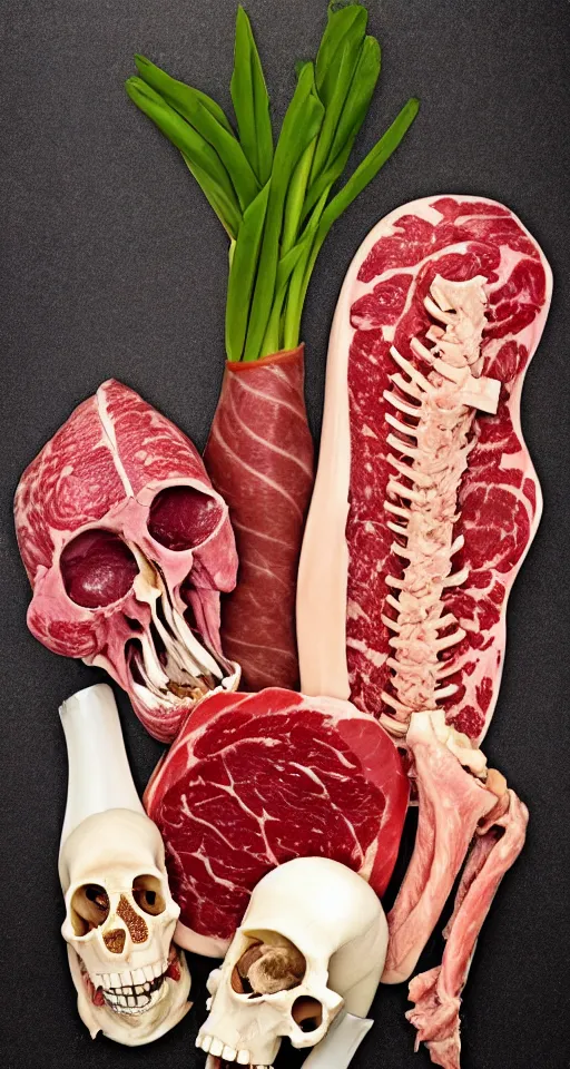 Image similar to Professional arrangement of human flesh, bones, teeth, and rotten meat in a flower vase