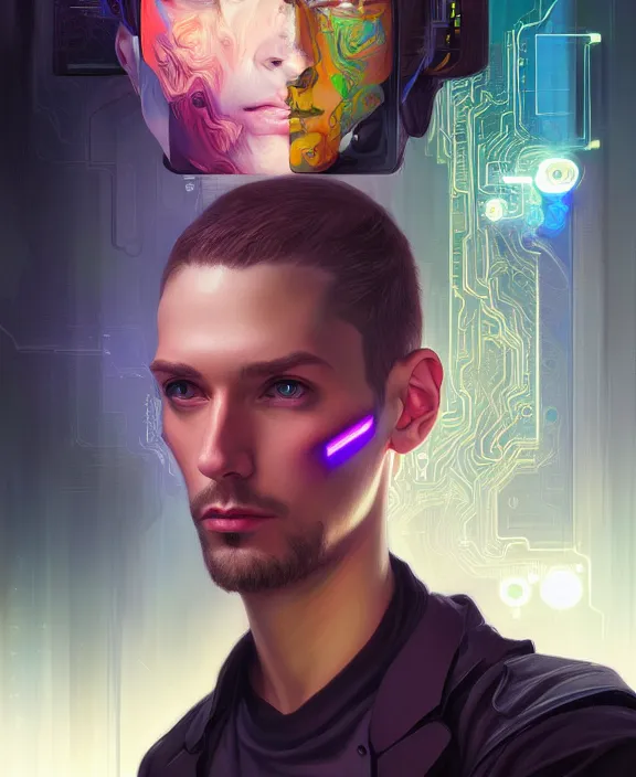 Image similar to a whirlwind inside the metaverse, guy, male, man, hologram, half body, neurochip, android, cyborg, cyberpunk face, by loish, d & d, fantasy, intricate, elegant, highly detailed, colorful, digital painting, artstation, concept art, art by artgerm and greg rutkowski and alphonse mucha