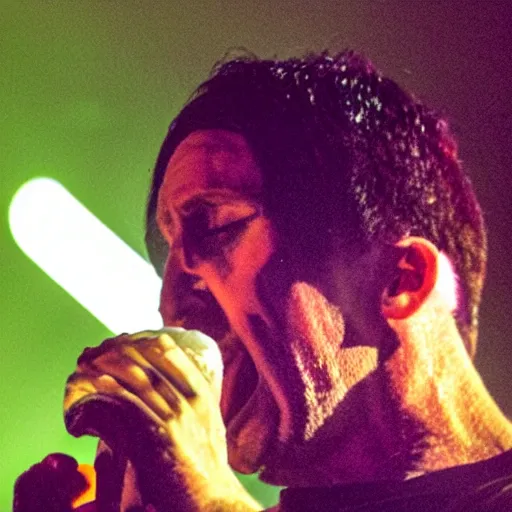 Image similar to Concert photo of Trent Reznor eating an ice cream cone on stage. Flash photography, hyper realistic, highly detailed.