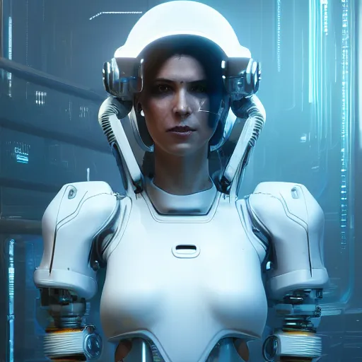 Prompt: portrait of a cyborg woman in white sci - fi helmet stylized as cyberpunk 2 0 7 7 style game design fanart by gervasio canda, greg rutkowski, shishkin, neon glow, volumetric illumination, ray tracing, cryengine, hdr render in unreal engine 5