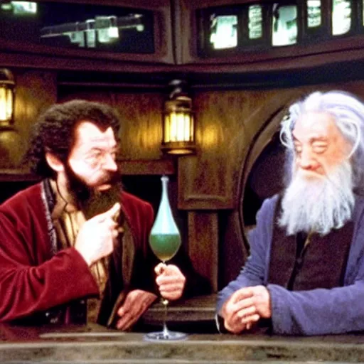 Image similar to harry potter and gandalf in quark's bar on deep space nine