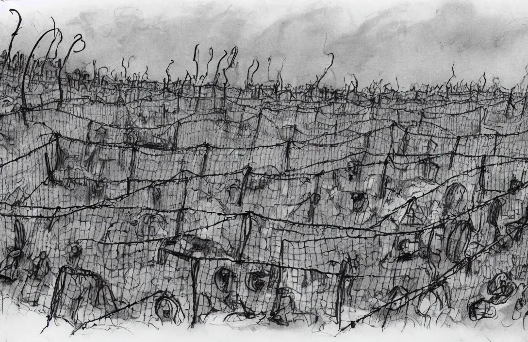 Image similar to milt kahl sketch of zombie apocalypse resistance camp with barbed wire fencing