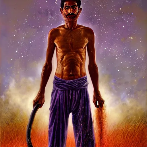 Image similar to portrait of head and body, single bangla farmer fighting on hoseback, hand to hand combat with machete, wielding machete, wearing a long lungi, full body view, long flowing hair, fighting for his life, nebula aura surrounding subject, hellscape, nestor canavarro art style, hyperrealist art style, sharp outlines