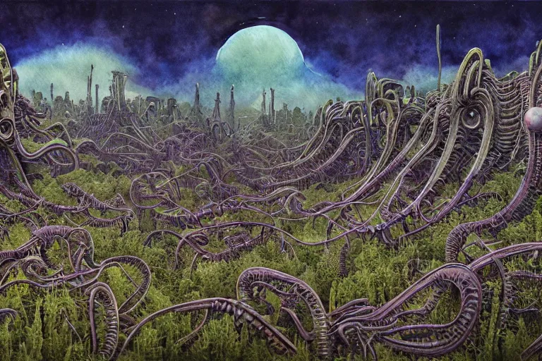 Prompt: a surreal and awe - inspiring science fiction landscape, alien plants and animals, intricate, elegant, uplifting, happy, inspirational, highly detailed watercolor painting by h. r. giger and simon stalenhag