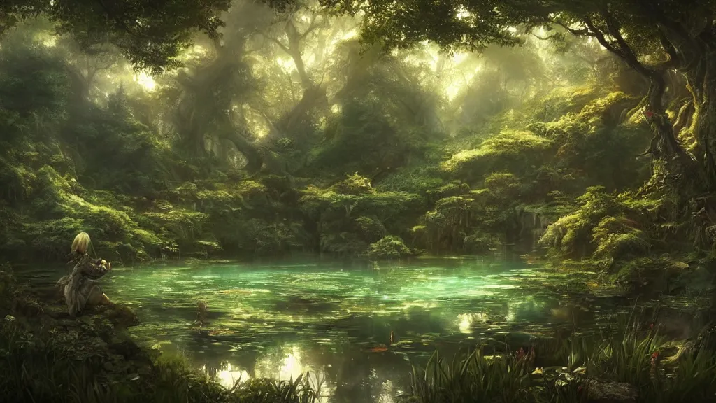 Image similar to a ultradetailed beautiful matte painting of a peaceful pond with a clear water where a majestic ancient dragon with intricate green scale is peacefully sleeping, dynamic lighting, cinematic lighting, lit by morning light, by krenz cushart and artgerm, anime