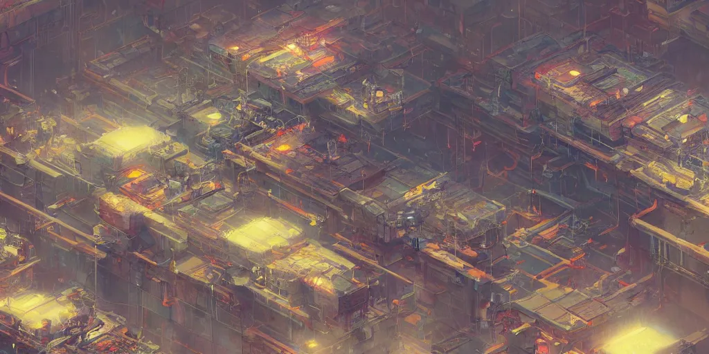Image similar to isometric view of a cyberpunk factory filled with drone workers, busy, grimy, gritty, blade runner 2 0 4 9, trending on artstation, award winning painting, art by john berkey and anton fadeev and john howe and simon stalenhag