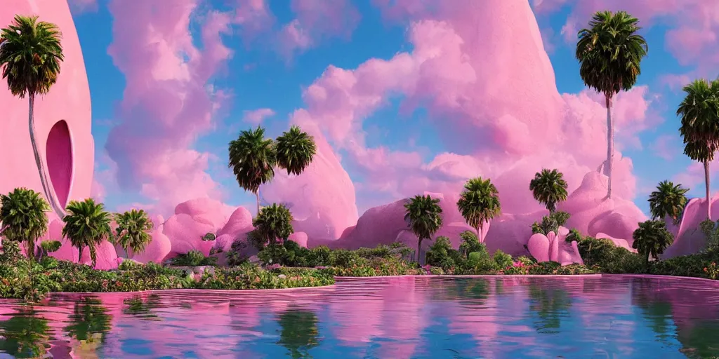 Prompt: Beeple masterpiece, hyperrealistic surrealism, award winning masterpiece with incredible details, epic stunning, infinity pool, a surreal vaporwave liminal space, highly detailed, trending on ArtStation, calming, meditative, pink arches, palm trees, surreal, sharp details, dreamscape, giant gold head statue ruins, crystal clear water, sunrise