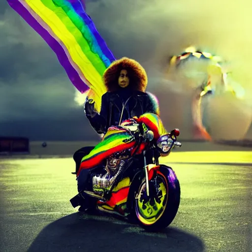 Image similar to wide angle full body, jacket wearing fluffy cute rainbow kitten wearing a black leather motorcycle jacket, cinematic concept art