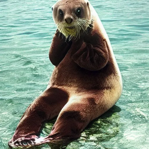 Image similar to nicolas cage wearing a sea otter suit, cosplay, furry, funny, candid photograph