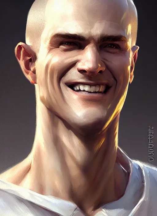 Prompt: a _ fantasy _ style _ portrait _ painting _ of white male short fringe light brown hair short face grinning clean shaven short head, rpg dnd oil _ painting _ unreal _ 5 _ daz. _ rpg _ portrait _ extremely _ detailed _ artgerm _ greg _ rutkowski _ greg