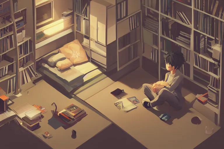 Image similar to a room of a japanese young man, bookshelves, cd, tiny, clean and tidy, small balcony, tatami, warm, cozy, isometric art, bright, artstation, highly detailed, cinematic lighting + masterpiece, life is strange, illustration