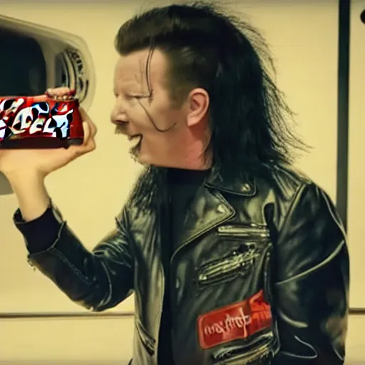 Image similar to a new can of coke with rick astley with slipknot in the can, commercial, ad, advertisment