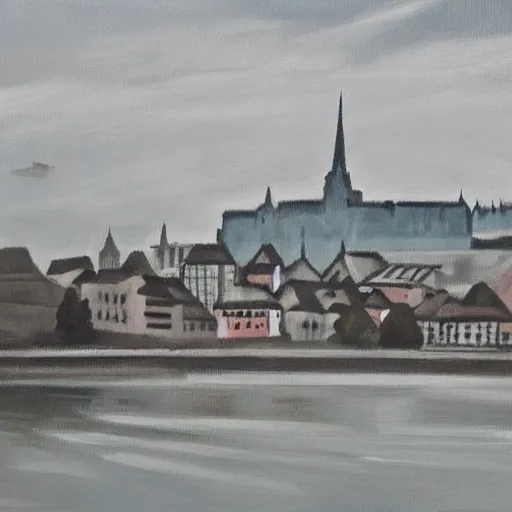 Prompt: very abstract painting of the rhine in basel, the munster in the background, muted greyscale colors, great composition