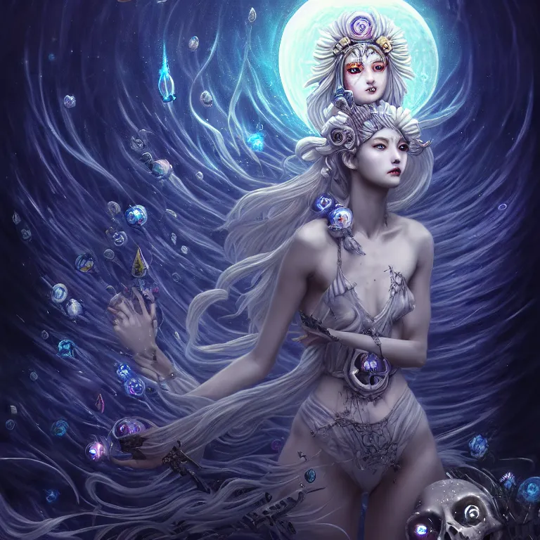 Image similar to skewed in the void sparkels, by ketner jeremiah and cgsociety. stunning luna goddess of personification of the moon by hironaka, harumi, insanely detailed, artstation, space art. sparkling flower fractules surrounded by skulls and robots deep under the sea, horror, fantasy, surrealist painting, by gores derek griffiths carne