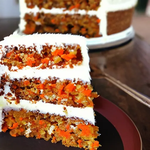 Prompt: carrot cake, award winning carrot cake, sweetened by natural secret ingredients. tastes like the original out of arkansas