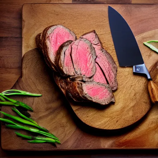 Prompt: a bread made of steak, partially sliced on a wooden cutting board with a cleaver by it\'s side, on a table in a cozy kitchen, 8K, 50mm lens