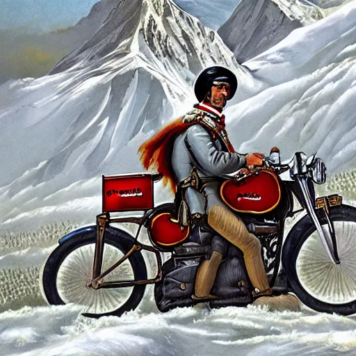 Prompt: Napoleon Crossing the Alps on a Harley Davidson