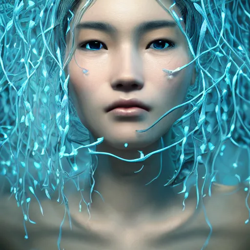 Image similar to intricate highly detailed face portrait of asian - european woman, light blue water vines on her face, intricate, cgsociety, unreal engine, octane render, sharp focus, smooth, volumetric lighting, cinematic composition, artstation