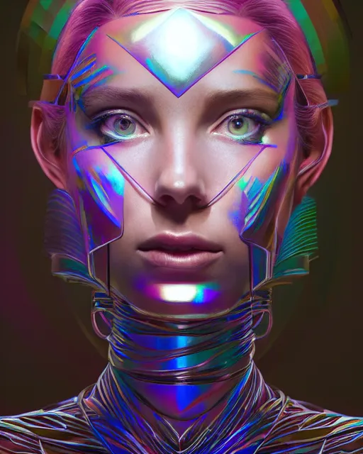 Image similar to highly detailed surreal vfx portrait of a metallic chromatic geometric tribal young woman, behance, stephen bliss, unreal engine, greg rutkowski, loish, rhads, beeple, makoto shinkai and lois van baarle, ilya kuvshinov, rossdraws, tom bagshaw, alphonse mucha, global illumination, detailed and intricate environment