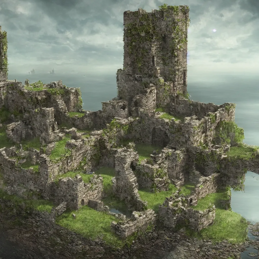 Image similar to looking up at a ruined castle on a small island only reachable by a small land bridge, 8 k, ultra realistic cinematic, intricate, cinematic light, concept art, illustration, art station