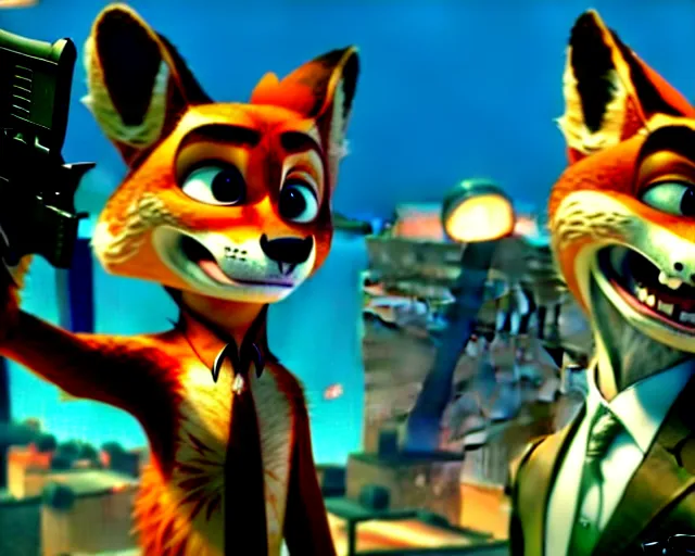 Image similar to nick wilde as max payne 3 set in gritty neo - noir zootopia, gun battle through the favela / furvela