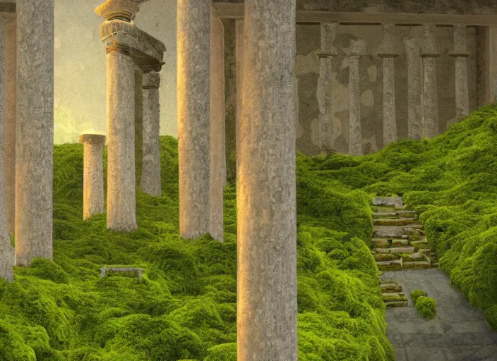 Image similar to A detailed illustration of Temple of Hephaistos, overgrown with moss, 4k, immaculate scale, trending on Artstation