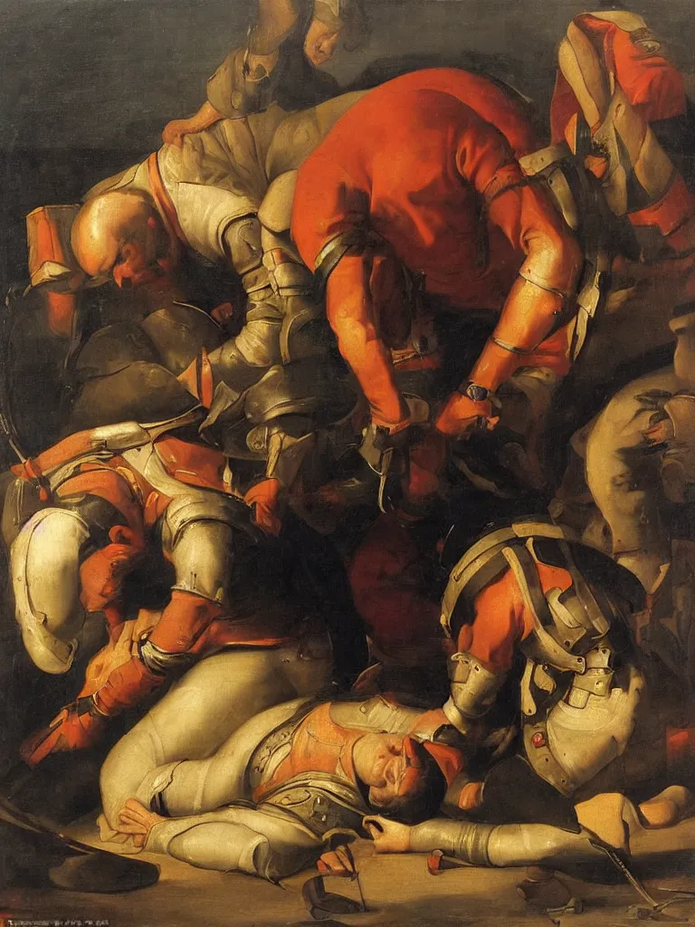 Prompt: the soldier bowed the queen down to the ground and laid his hand on top of her head, baroque painting