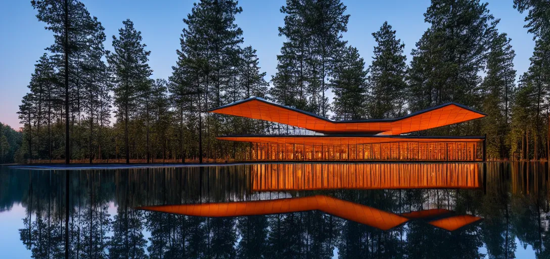 Prompt: faceted roof planes lift and descend creating shade and architectural expression, highly detailed, situated in the forest, next to a highly reflective lake, at dusk, vivid color, 4 k photography