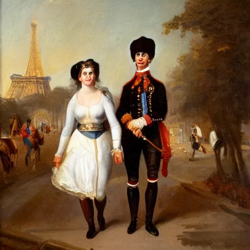 Prompt: an oil panting of a young napoleon with her girlfriend, walking in paris