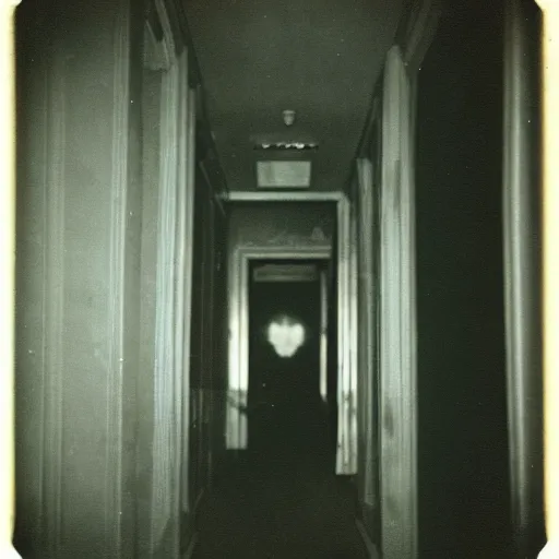 Image similar to a terrifying monster at the end of a hallway, dark!, creepy, nightmare fuel!!!, unsettling, uncanny valley!, old polaroid, expired film,