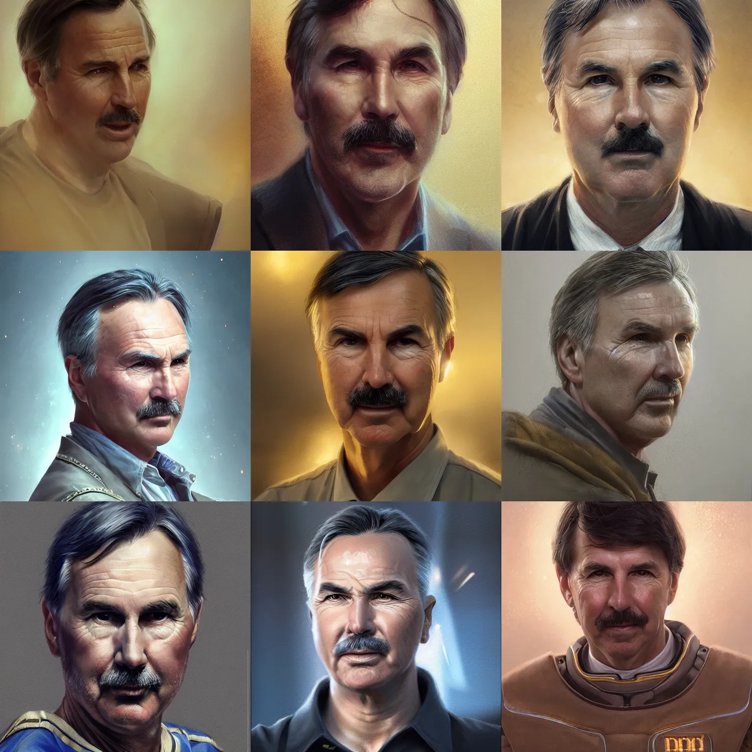 Prompt: matte portrait of mike d'antoni, fantasy, wonderful masterpiece highly detailed, scifi, beautiful cinematic light deep focus, elegant, digital painting, smooth, sharp focus, golden ratio, dramatic illumination, ultra realistic, 8 k, art by greg rutkowski wlop rossdraws