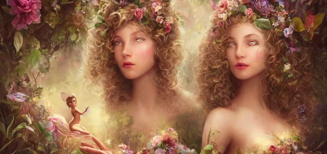 Prompt: beautiful fairy, perfect face and body, with curls, at her birthday party in a magic garden, monkeys, diamonds and scissors, details, smooth, sharp focus, illustration, realistic, cinematic, artstation, gold, ornate, award winning, original modern artwork, rgb ethereal lighting, 8k