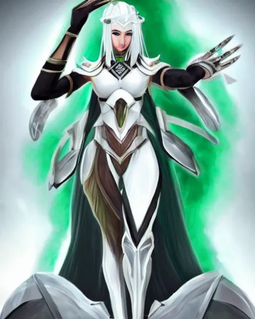 Image similar to perfect white haired attractive egyptian goddess warframe armor beautiful symmetric dreamy half asian pretty face green eyes