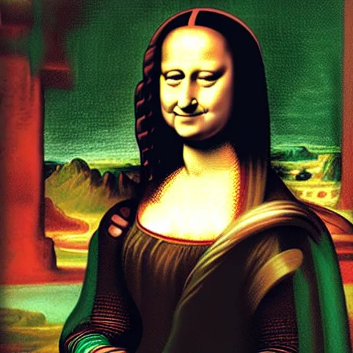 Image similar to queen of england painted as the monalisa