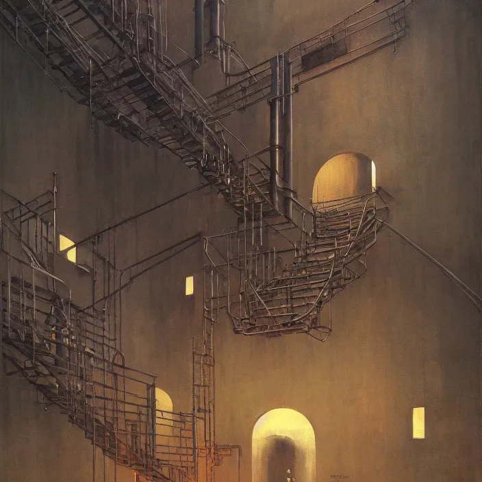 Prompt: inside giant structure with pipes, stairs, very dark, by Edward Hopper and Thomas Kinkade and James Gilleard, Zdzislaw Beksinski, highly detailed