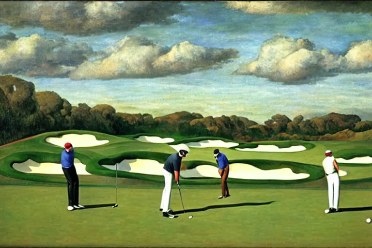 Image similar to Three golfers on a beautiful golf course driving range, by Diego Rivera