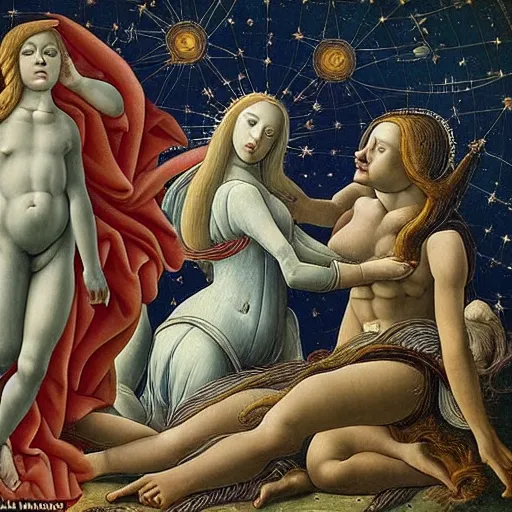 Image similar to woman stargazing stars planets aliens, inspired by botticelli, bosch, in collection of louvre, hyperdetailed, detailed