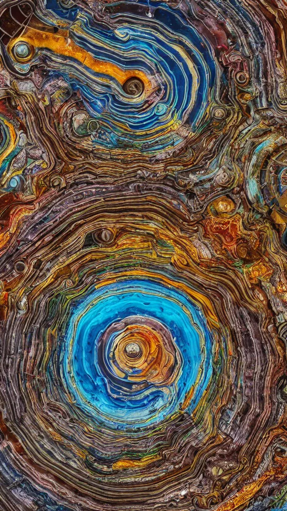 Image similar to ultra realistic macro photography of the giant psychedelic magical machine embedded within the mountain, colourful sedimentary and igneous rock and marble, industrial machinery, pistons, pipes and valves, super conducters, circuitry. 8k geology photographic cross section