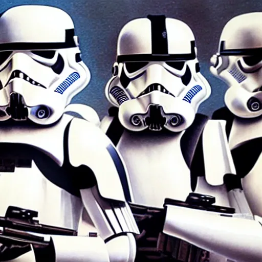 Prompt: a caravaggio artwork film still of star wars storm troopers, artwork by caravaggio