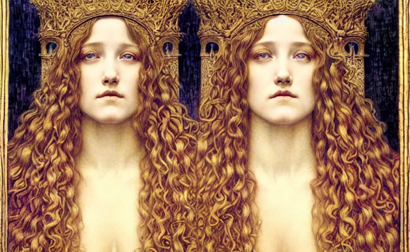 Image similar to detailed realistic beautiful young medieval queen face portrait by jean delville, gustave dore and marco mazzoni, art nouveau, symbolist, visionary, gothic, pre - raphaelite. horizontal symmetry