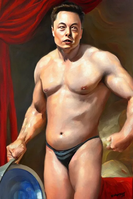 Image similar to beautiful oil painting of Elon Musk as a muscular greek god
