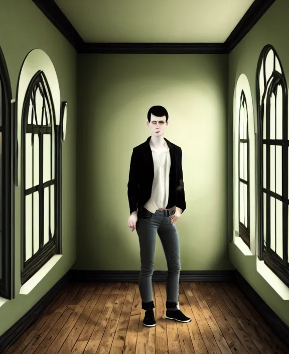 Prompt: androgynous male with black short hair and pale skin is standing in front of a mirror surrounded by victorian interior in a room with tall windows and moos green flooring. by leonardo da vinci, volumetric lighting, petspective room layout