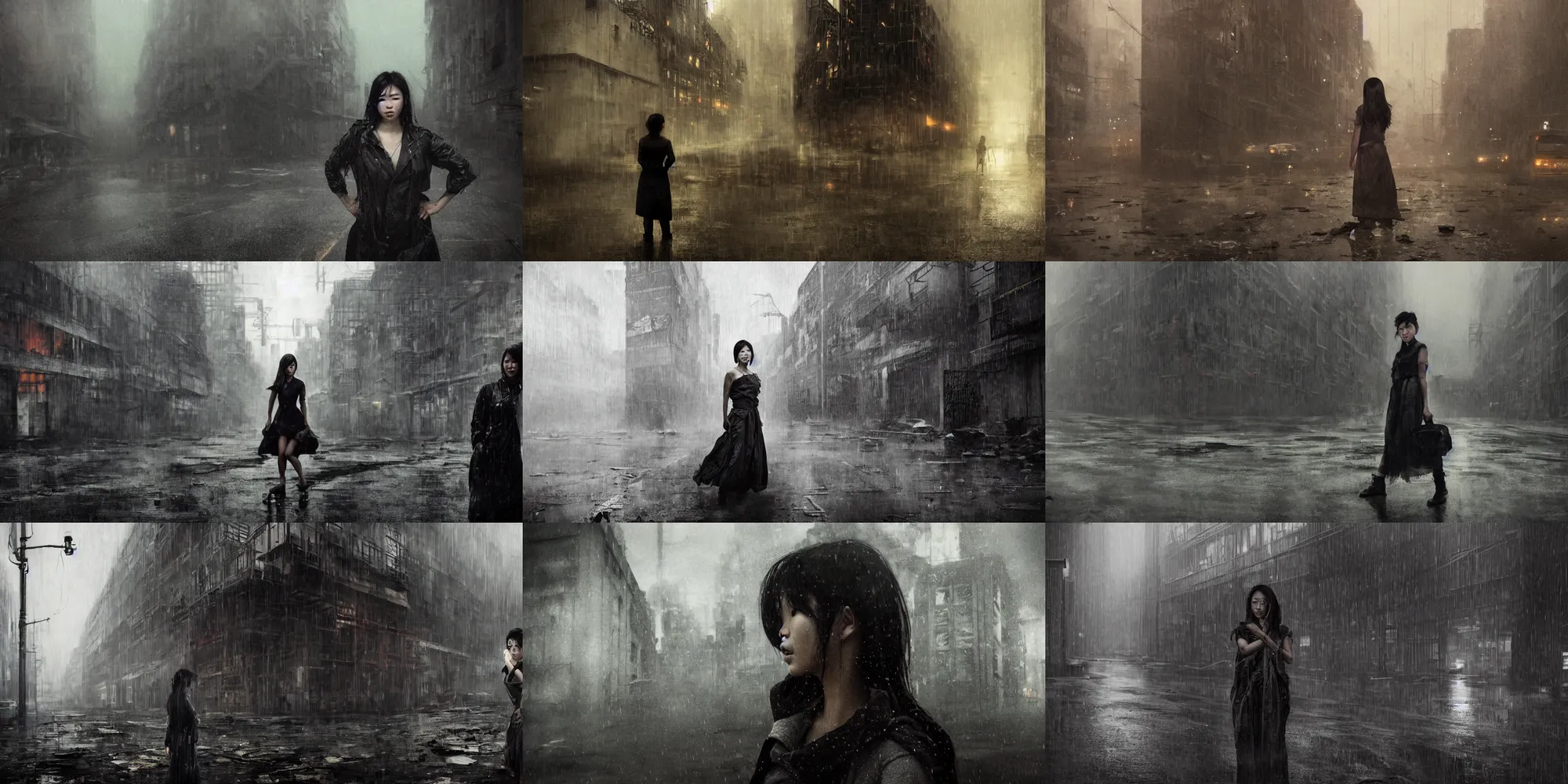 Prompt: an asian woman, beautiful face, in abandoned industrial city with towering factories, fire escapes, scaffolding, smokestacks at night in the rain, dark! moody lighting, innocent look, post - apocalyptic, desolate, by jeremy mann and alphonse mucha, dramatic lighting, ethereal, stunning, breathtaking, awe - inspiring award - winning, 8 k