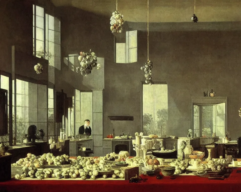 Prompt: achingly beautiful painting of a sophisticated, well - decorated kitchen on warm background by rene magritte, monet, and turner. giovanni battista piranesi.