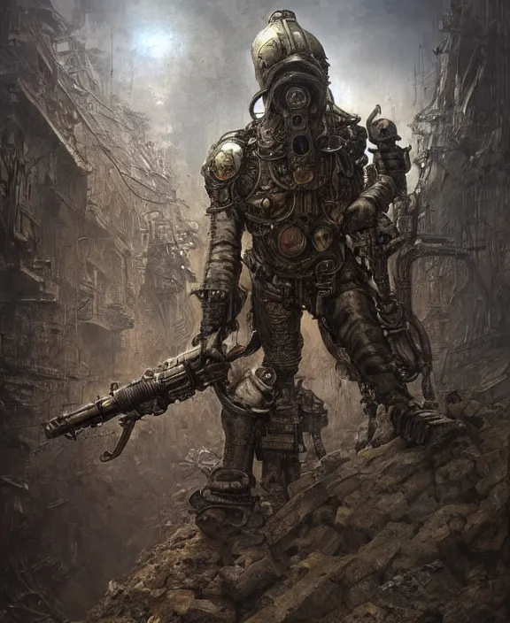 Prompt: a soldier in steampunk armour taking cover from artillery bombardment in a gritty trench, by HR Giger and Beksiński and Stephan Martiniere , 4k resolution, detailed, trending on artstation