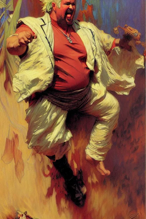 Image similar to guy fieri figure painting, painting by gaston bussiere, craig mullins, greg rutkowski, alphonse mucha