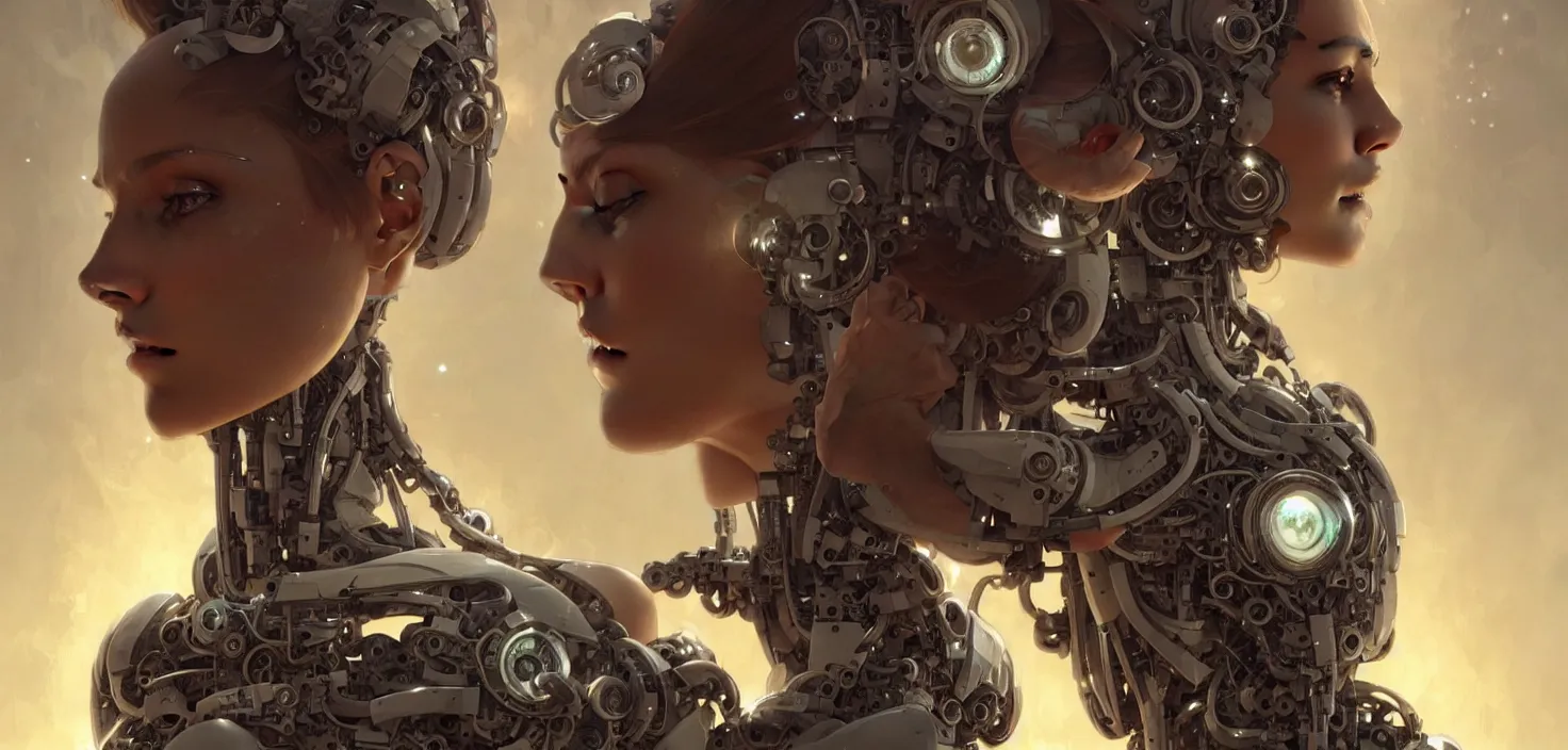 Image similar to beautiful crying! female mechanical android!, half portrait, intricate detailed environment, photorealistic!, intricate, elegant, highly detailed, digital painting, artstation, concept art, smooth, sharp focus, illustration, art by artgerm and greg rutkowski and alphonse mucha