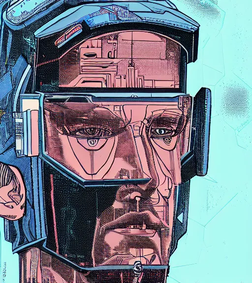 Image similar to a cyberpunk man with multiple digital patchwork faces, techwear, Industrial Scifi, detailed illustration, character portrait, by Martin Grip and Moebius