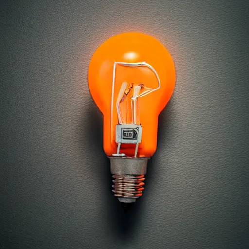 Image similar to a battery made from an orange, powering a lightbulb, photograph by caleb charland